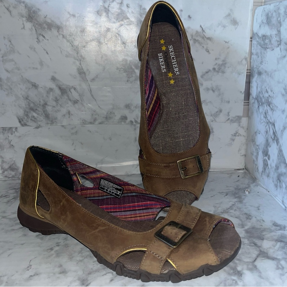 Skechers Original Biker 47092 Women Sz 7.5 Brown Leather Slip On Peep Toe Flats